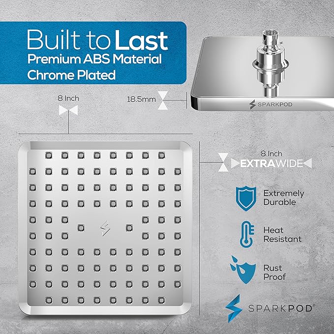 SparkPod Shower Head - High Pressure Rain - Premium Quality Luxury Design - 1-Min Install - Easy Clean Adjustable Replacement for Your Bathroom Shower Heads (Luxury Polished Chrome, 8 Inch Square)