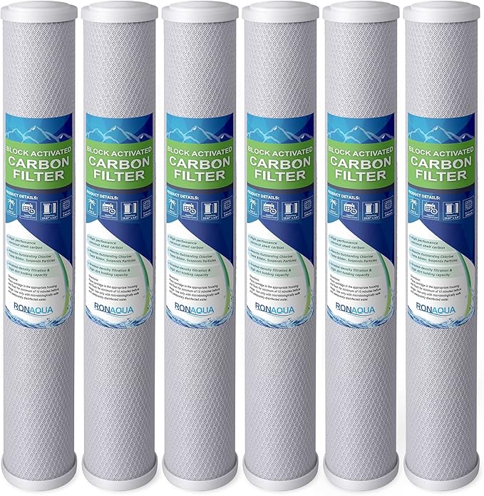 Standard Whole House Coconut Shell Carbon Block 5 Micron Water Filter 20” x 2.5” Fits 20” x 2.5” Housings. Remove Chlorine and Bad Odor. Compatible with C1-20, HX-CB-25-2010, F3WCB32 Pack of 6
