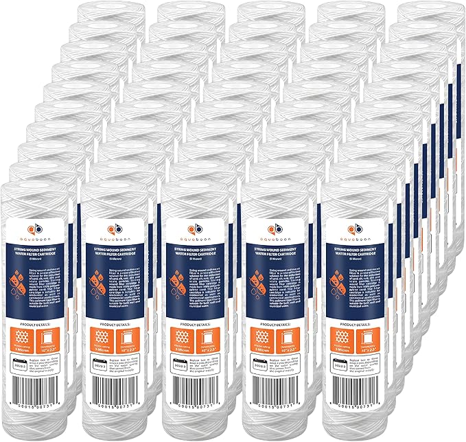 Aquaboon Whole House 5 Micron 10 x 2.5 String Wound Sediment Water Filter Cartridge Replacement Compatible with Well Water Filter WHKF-WHSW, 50-Pack
