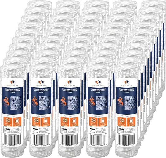 Aquaboon Whole House 5 Micron 10 x 2.5 String Wound Sediment Water Filter Cartridge Replacement Compatible with Well Water Filter WHKF-WHSW, 50-Pack