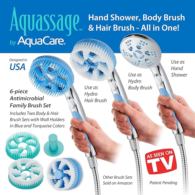 Hotel Spa AquaCare High Pressure 6-in-1 Aquassage - 76-mode 3-way Combo, Showerhead, Hand Shower, Body Brush, Hair Brush & Arm in One Two Brackets, Extra-long 6 foot Stainless Steel Hose