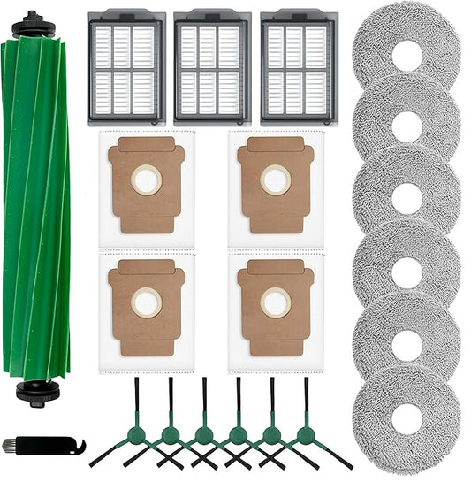 Replacement Parts Compatible with iRobot Roomba Plus 405 Combo/ 505 Combo Robot Vacuum, 1 Rubber Brush 6 Mop Cloth 4 Dust Bag 3 Filter 6 Side Brushes