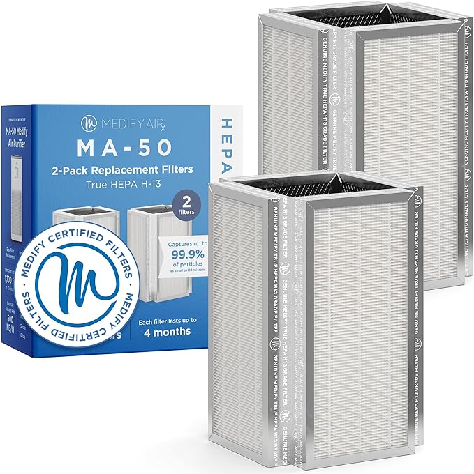 Medify Air MA-50 Genuine Replacement Filter | for Smoke, Smokers, Dust, Odors, Pet Dander | 3 in 1 with Pre-Filter, H13 HEPA, and Activated Carbon | Removal to 0.1 Microns | 2-Pack