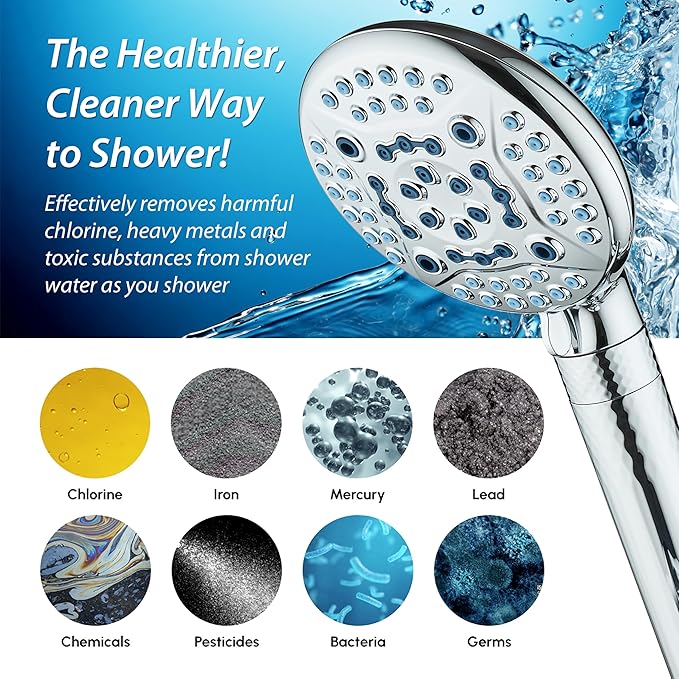AquaCare High Pressure 6-way Dual Shower Head Combo with Built-in Filter & Power Wash - Clean Tub, Tile & Pets. Remove Chlorine, Lead & Toxins from Water to Protect Skin, Hair, & Nails. Chrome Finish