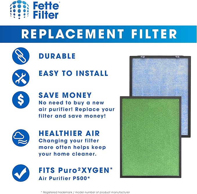 Fette Filter - 4-in-1 High-Efficiency Replacement Filters (pack of 2) Compatible with PURO²XYGEN Air Purifier P500 with True HEPA Filter, Activated Carbon Filter - Pack of 2