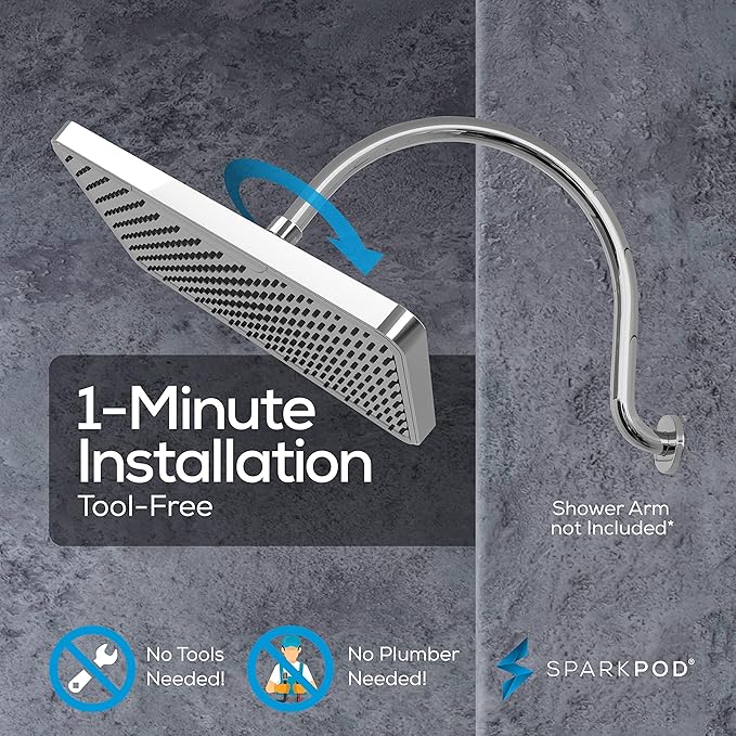 SparkPod 12 Inch Rectangle Rain Shower Head - Ceiling or Wall Mount Rainfall Shower Head - Large Coverage Showerhead - Brass Ball Joint with 360° Adjustment - 1-Min Install (Luxury Polished Chrome)