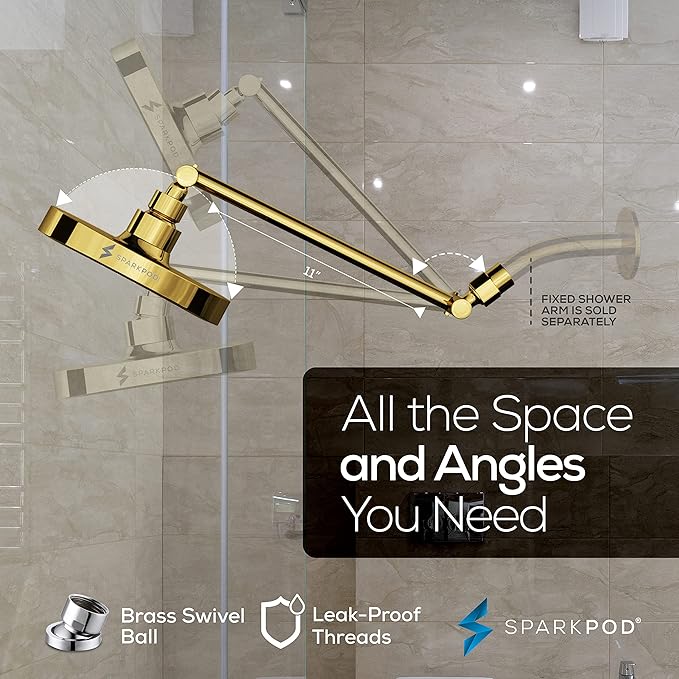 SparkPod Round Rain Shower Head with Extension Arm - Height Adjustable Shower Head with High Pressure Performance - Easy 1-Minute Installation (11" Arm Extension, Egyptian Gold)