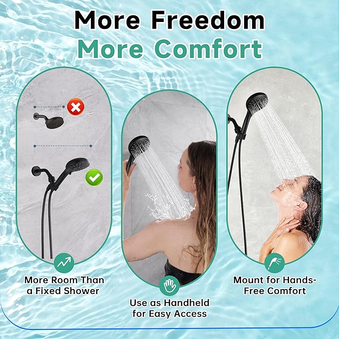 BRIGHT SHOWERS High Pressure Shower Head with Handheld, 9 Spray Settings Showerhead Built in Power Wash to Clean Tub and Pets, Extra Long 69" Hose, Adjustable Bracket, Matte Black