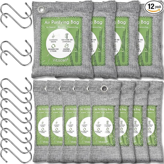 12 Pack Bamboo Charcoal Air Purifying Bag, Activated Charcoal Bags Odor Absorber, Moisture Absorber, Natural Car Air Freshener, Shoe Deodorizer, Odor Eliminators For Home, Pet, Closet (8x50g, 4x200g)