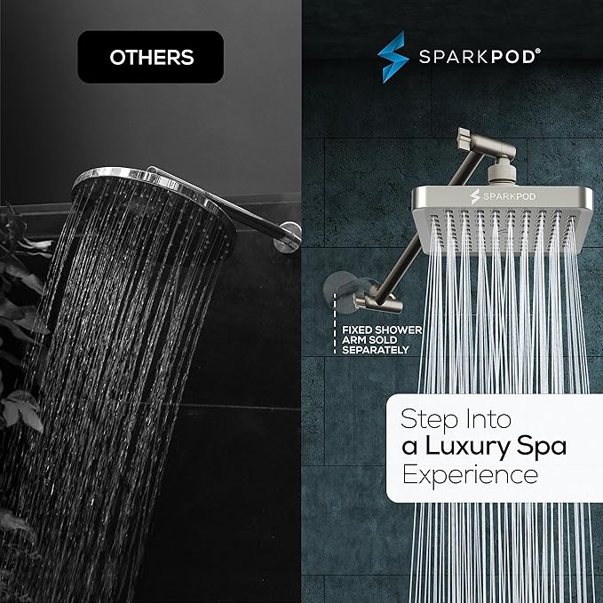 SparkPod Square Rain Shower Head with Extension Arm - Height Adjustable Shower Head with High Pressure Performance - Easy 1-Minute Installation (11" Arm Extension, Elegant Brushed Nickel)