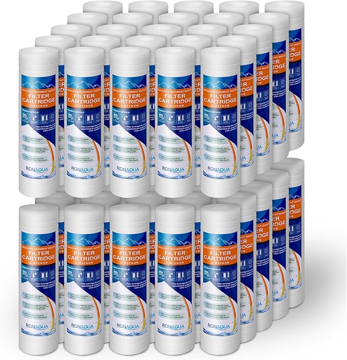 Grooved Sediment Water Filter Cartridge by Ronaqua 10"x 2.5", Four Layers of Filtration, Removes Sand, Dirt, Silt, Rust, made from Polypropylene (40 Pack, 1 Micron)