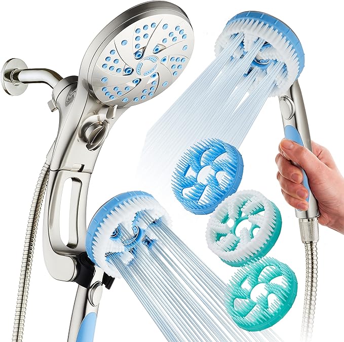AquaCare High Pressure 6-in-1 Aquassage - 76-mode 3-way Combo, Showerhead, Hand Shower, Body Brush, Hair Brush & Arm in One! Two Brackets, Extra-long 6 foot Stainless Steel Hose, Brush Head Holder