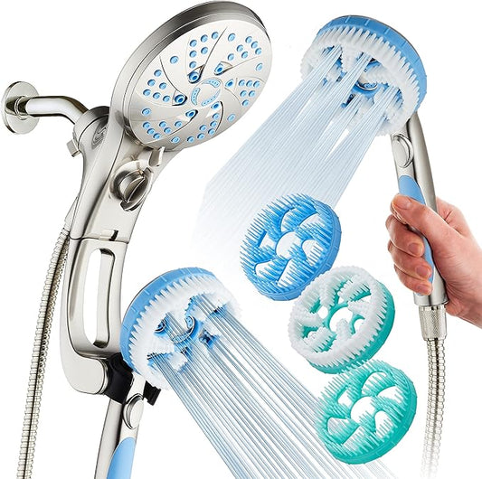 AquaCare High Pressure 6-in-1 Aquassage - 76-mode 3-way Combo, Showerhead, Hand Shower, Body Brush, Hair Brush & Arm in One! Two Brackets, Extra-long 6 foot Stainless Steel Hose, Brush Head Holder