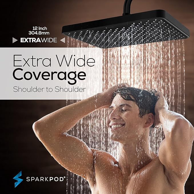 SparkPod 12 Inch Black Rain Shower Head - Ceiling or Wall Mount Rainfall Shower Head - Large Coverage Showerhead - Brass Ball Joint with 360° Adjustment - 1-Min Install (Midnight Black Matte)