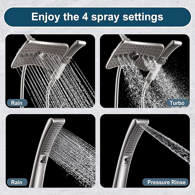 BRIGHT SHOWERS High Pressure Brushed Nickel Shower Heads Combo with Two Spray Setting Fixed Shower Head and Two Spray Settings Handheld Shower Head with Grey Face