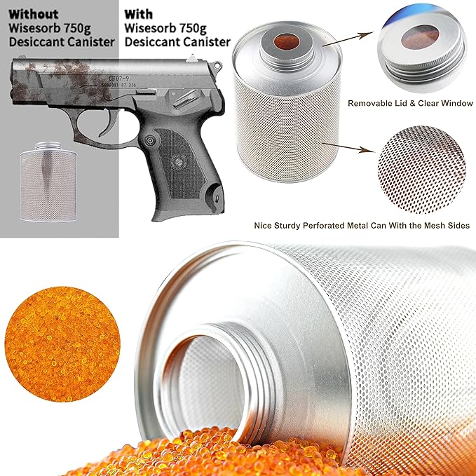750 Grams Gun Safe Dehumidifier, 2 Pack Reusable Canister Desiccant Dehumidifier, Rechargeable 1.65 Lbs Indicating Silica Gel Orange to Green