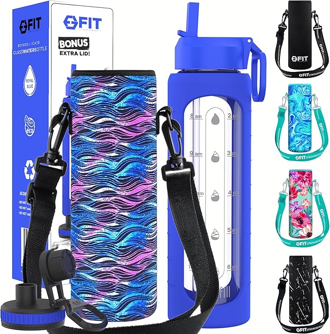 FIT Strong & Healthy 32 oz Glass Water Bottle with Straw Lid, Time Marker, Sleeve & Extra Lid - Motivational, Wide Mouth 1 Liter Glass Drinking Bottle