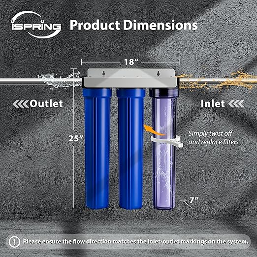iSpring Whole House Water Filter System, Reduces Chloramine, PFAS, Chlorine, Sediments, 3-Stage Whole House Water Filtration System, 5-Micron, 3/4" Inlet/Outlet, Model: WCB32C-GAC