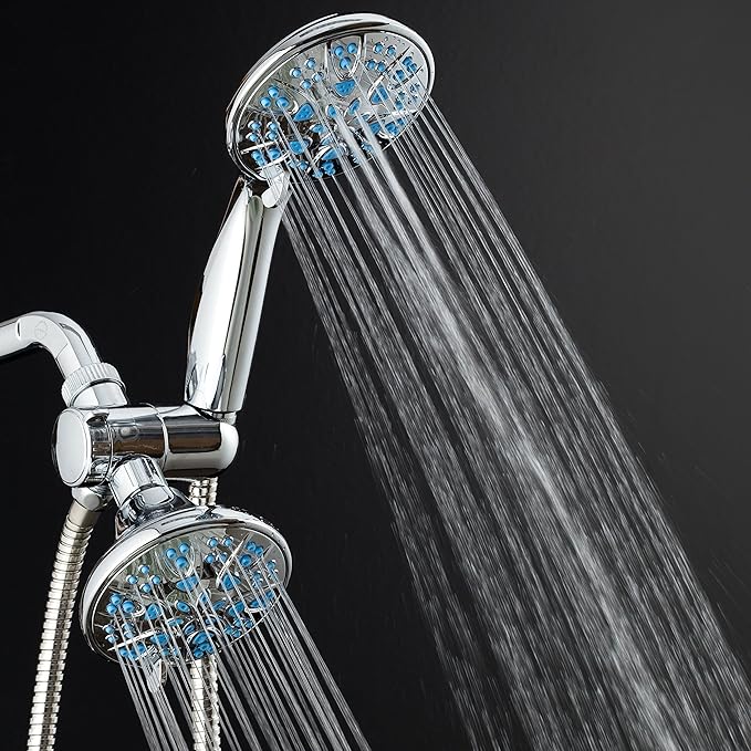 AquaDance Antimicrobial/Anti-Clog High-Pressure 30-setting Dual Head Combination Shower with Microban Nozzle Protection From Growth of Mold, Mildew & Bacteria for a Healthier Shower – Aqua Blue
