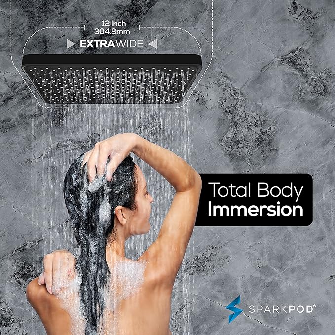 SparkPod 12 Inch Black Rain Shower Head - Ceiling or Wall Mount Rainfall Shower Head - Large Coverage Showerhead - Brass Ball Joint with 360° Adjustment - 1-Min Install (Midnight Black Matte)